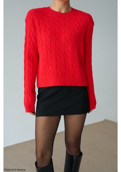 Kadın Basıc Saç Örgü Detaylı Kışlık Kazak