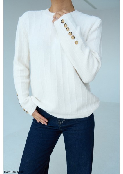 Kadın Kol Düğme Aksesuarlı Triko Kazak