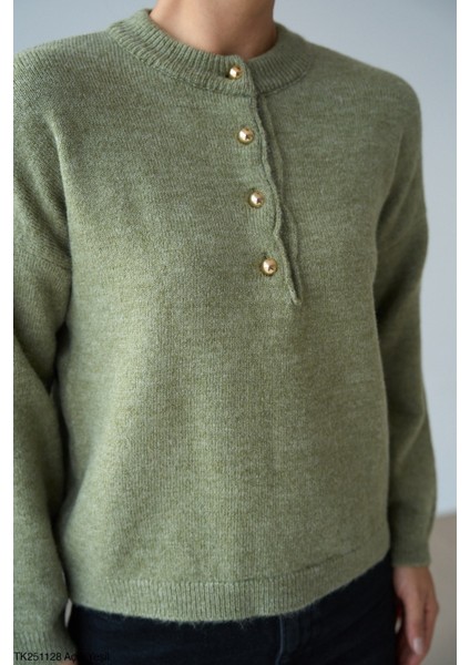 Kadın Yarım Düğmeli Bisiklet Yaka Triko Kazak modelleri