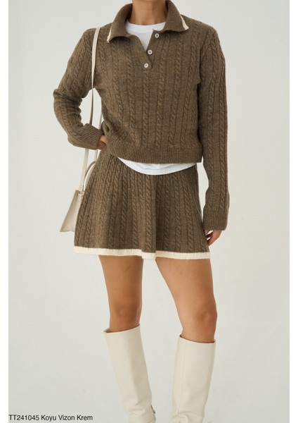 Kadın Triko Mini Etek Erkek Yakaz Kazak Ikili Takım