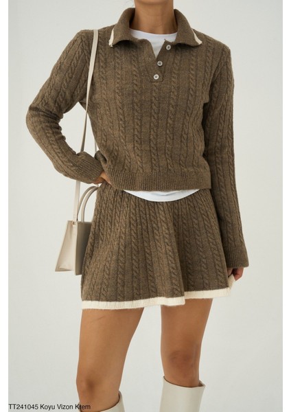 Kadın Triko Mini Etek Erkek Yakaz Kazak Ikili Takım fiyatları