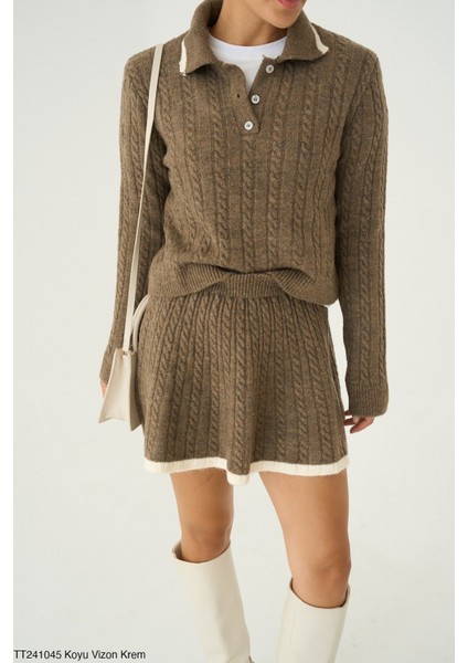 Kadın Triko Mini Etek Erkek Yakaz Kazak Ikili Takım modelleri