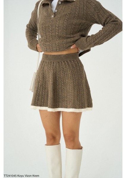 Kadın Triko Mini Etek Erkek Yakaz Kazak Ikili Takım fırsatları