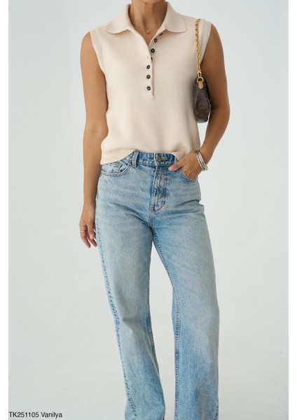 Kadın Erkek Yaka Kolsuz Yarım Düğmeli Kazak