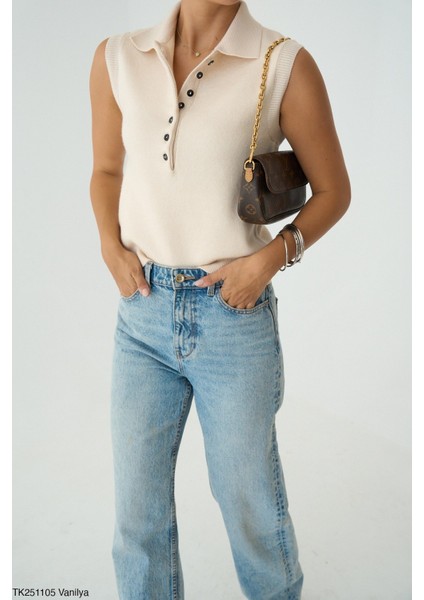 Kadın Erkek Yaka Kolsuz Yarım Düğmeli Kazak indirimleri