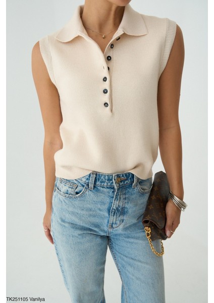 Kadın Erkek Yaka Kolsuz Yarım Düğmeli Kazak