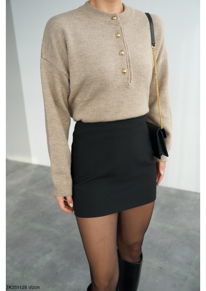 Kadın Yarım Düğmeli Bisiklet Yaka Triko Kazak