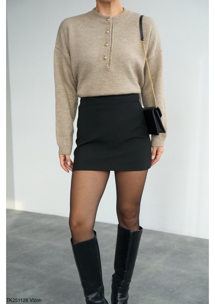 Kadın Yarım Düğmeli Bisiklet Yaka Triko Kazak fiyatları