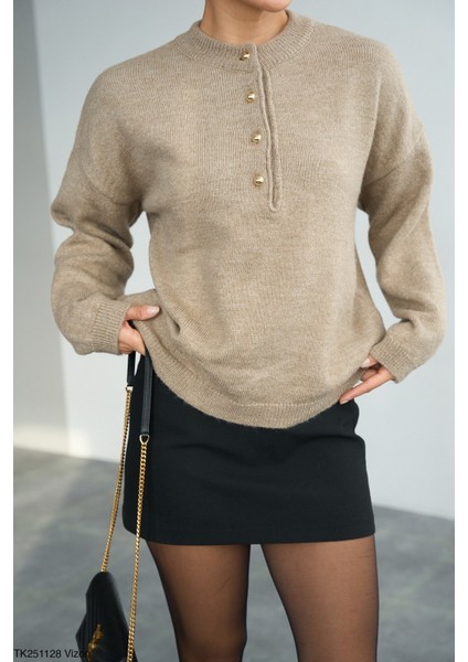 Kadın Yarım Düğmeli Bisiklet Yaka Triko Kazak modelleri