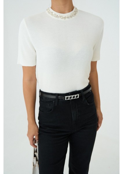 Kadın Bisiklet Yaka Taşlı Kısa Kol Kazak