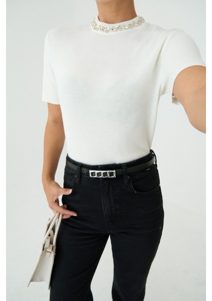 Kadın Bisiklet Yaka Taşlı Kısa Kol Kazak modelleri