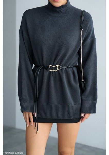 Kadın Yarım Boğaz Uzun Kol Sezonluk Oversize Kazak (Kemersiz) fiyatları