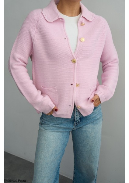 Kadın Rekli Düğmeli Çift Çepli Uzun Oversize Triko Hırka