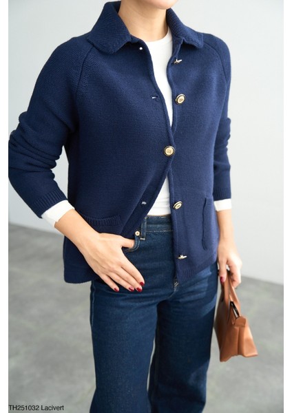 Kadın Rekli Düğmeli Çift Çepli Uzun Oversize Triko Hırka