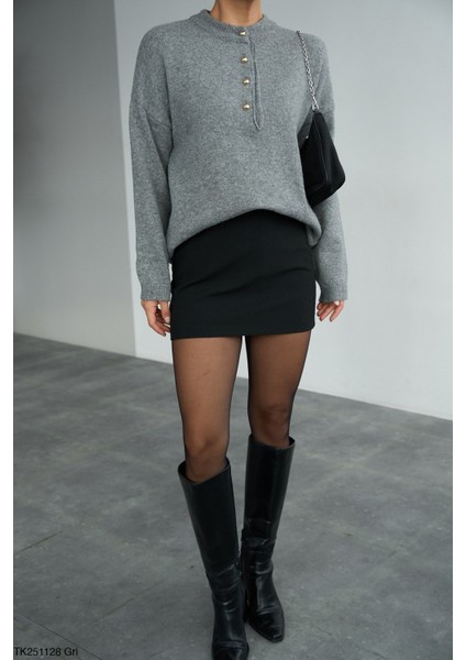 Kadın Yarım Düğmeli Bisiklet Yaka Triko Kazak modelleri