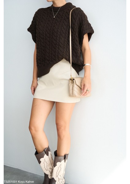 Kadın Bisiklet Yaka Kısa Kol Triko Süveter