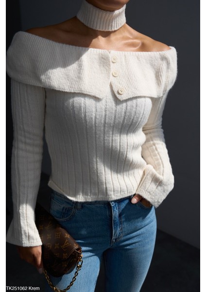 Kadın Boğaz Detaylı Omuz Dekolteli Triko Kazak modelleri