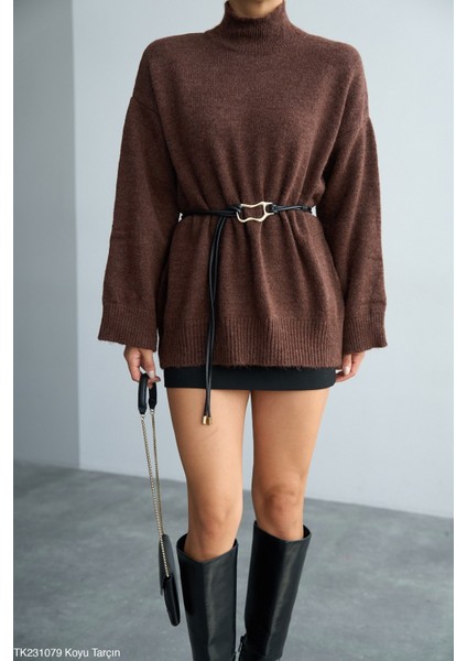 Kadın Yarım Boğaz Uzun Kol Sezonluk Oversize Kazak (Kemersiz)