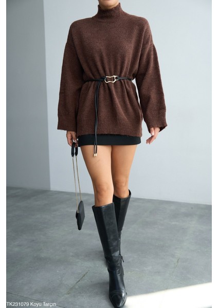 Kadın Yarım Boğaz Uzun Kol Sezonluk Oversize Kazak (Kemersiz) modelleri