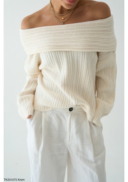 Kadın Rahat Kalıp Omuz Dekolteli Triko Kazak fiyatları