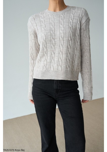 Kadın Basıc Saç Örgü Detaylı Kışlık Kazak