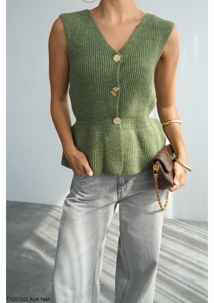 Kadın V Yaka Fırfır Detaylı Triko Yelek fiyatları
