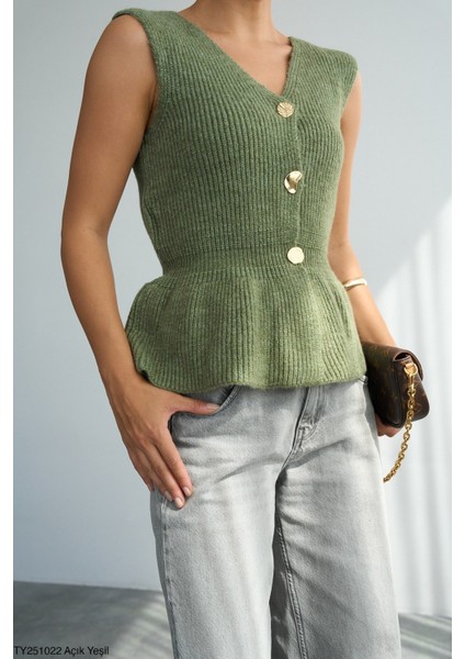 Kadın V Yaka Fırfır Detaylı Triko Yelek modelleri
