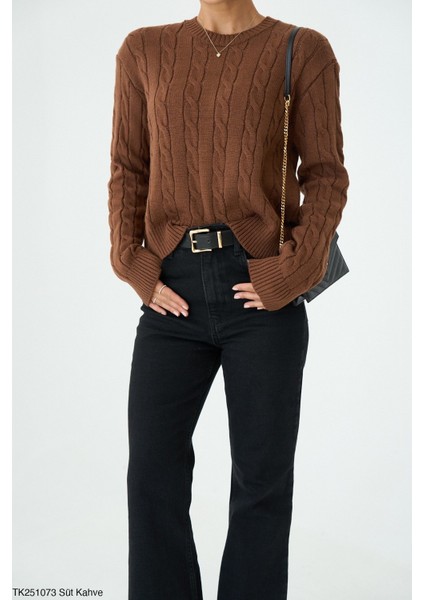 Kadın Basıc Saç Örgü Detaylı Kışlık Kazak