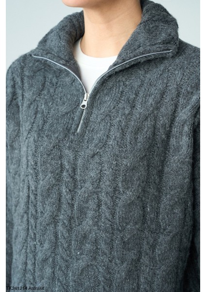 Kadın Yarım Fermuarlı Boğazlı Örme Triko Kazak