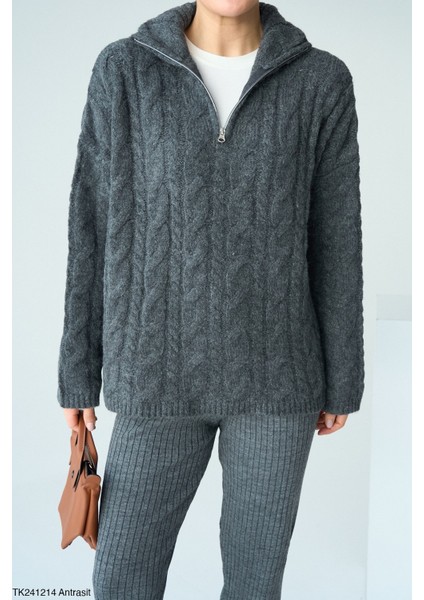 Kadın Yarım Fermuarlı Boğazlı Örme Triko Kazak modelleri