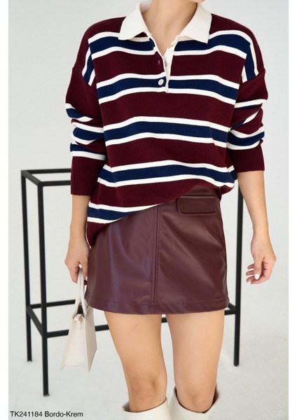 Kadın Erkek Yaka Çizgili Yarım Düğmeli Triko Kazak