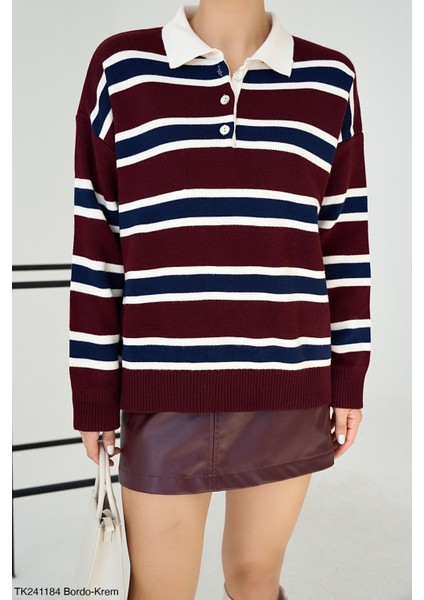 Kadın Erkek Yaka Çizgili Yarım Düğmeli Triko Kazak modelleri