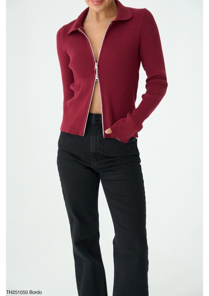 Kadın Çift Fermuarlı Yarım Boğaz Kazak