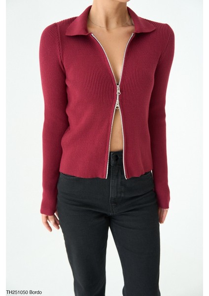 Kadın Çift Fermuarlı Yarım Boğaz Kazak modelleri