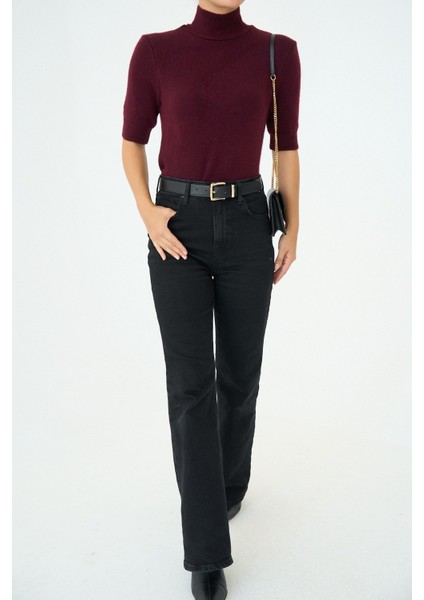 Kadın Yarım Balıkçıl Yaka Kısa Kol Kazak