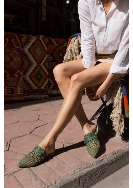 Raffia Kadin Siyah Örgu Kemerli Hasir Terlik modelleri