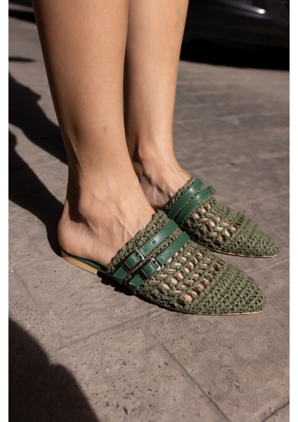 Raffia Kadin Siyah Örgu Kemerli Hasir Terlik