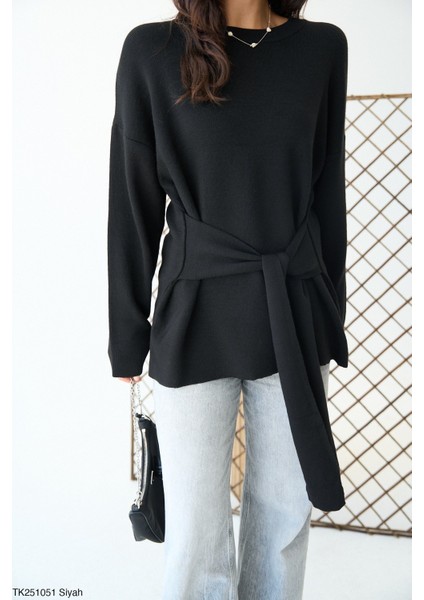 Kadın Geniş Kol Kendinden Kuşaklı Triko Kazak