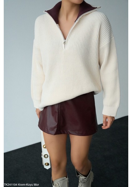Kadın Yarım Fermuarlı Boğazlı Örme Çift Renk Triko Kazak