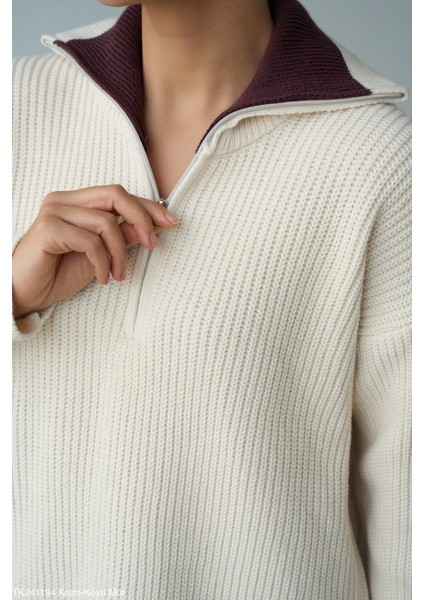 Kadın Yarım Fermuarlı Boğazlı Örme Çift Renk Triko Kazak fiyatları