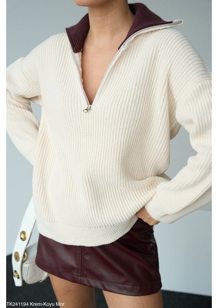 Kadın Yarım Fermuarlı Boğazlı Örme Çift Renk Triko Kazak modelleri