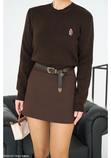 Kadın Bisiklet Yaka Nakışlı Triko Kazak