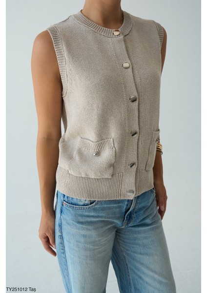 Kadın Altın Düğmeli V Yaka Kolsuz Triko Cepli Yelek fiyatları