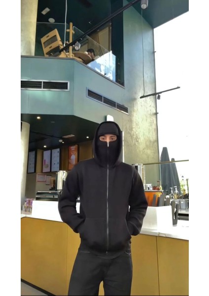 Samuray Zıp Fermuarlı Kapüşonlu Sweatshirt- Siyah