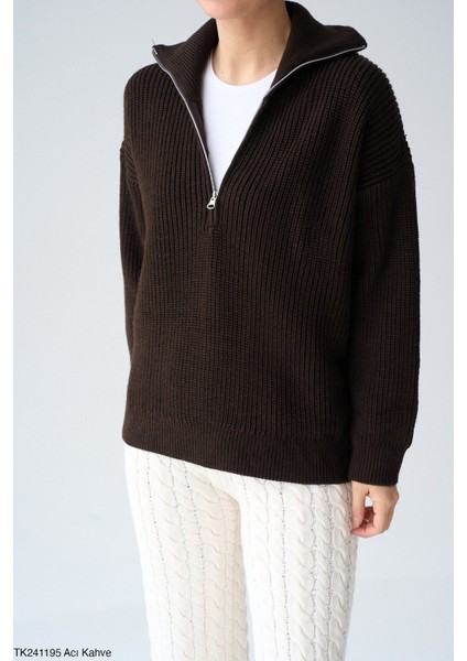 Kadın Yarım Fermuarlı Salaş Kışlık Kazak