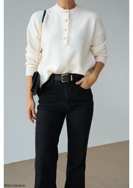 Kadın Yarım Düğmeli Bisiklet Yaka Triko Kazak