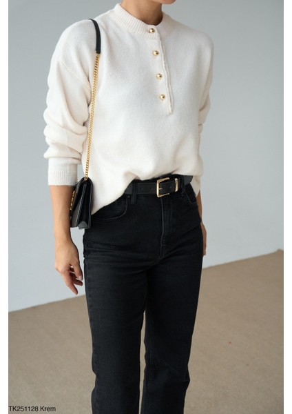 Kadın Yarım Düğmeli Bisiklet Yaka Triko Kazak modelleri