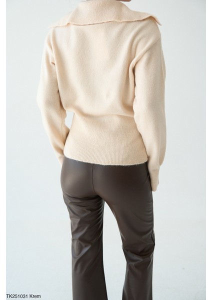 Kadın Yarım Düğmeli Basic Kışlık Trikoz Kazak