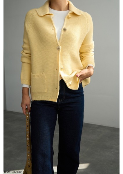 Kadın Rekli Düğmeli Çift Çepli Uzun Oversize Triko Hırka