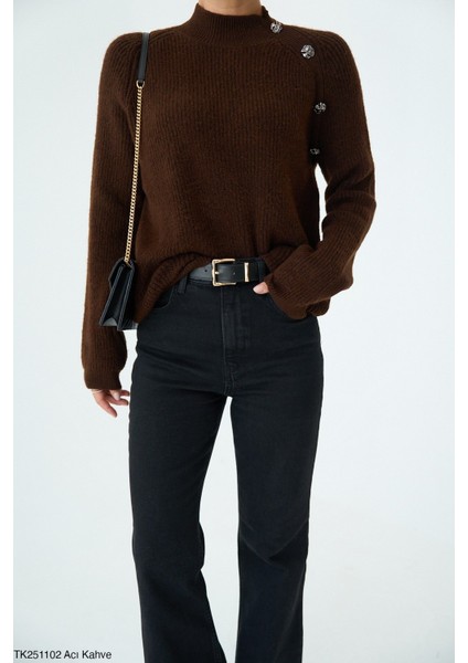 Kadın Kol Düğme Detaylı Basıc Triko Kazak
